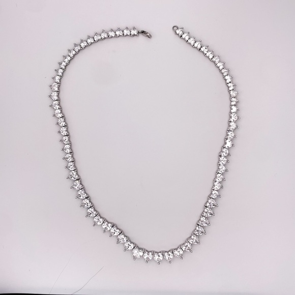 Silver Toned Heart Shaped Cubic Zirconia Tennis Necklace. 22 Inches. - Picture 4 of 13
